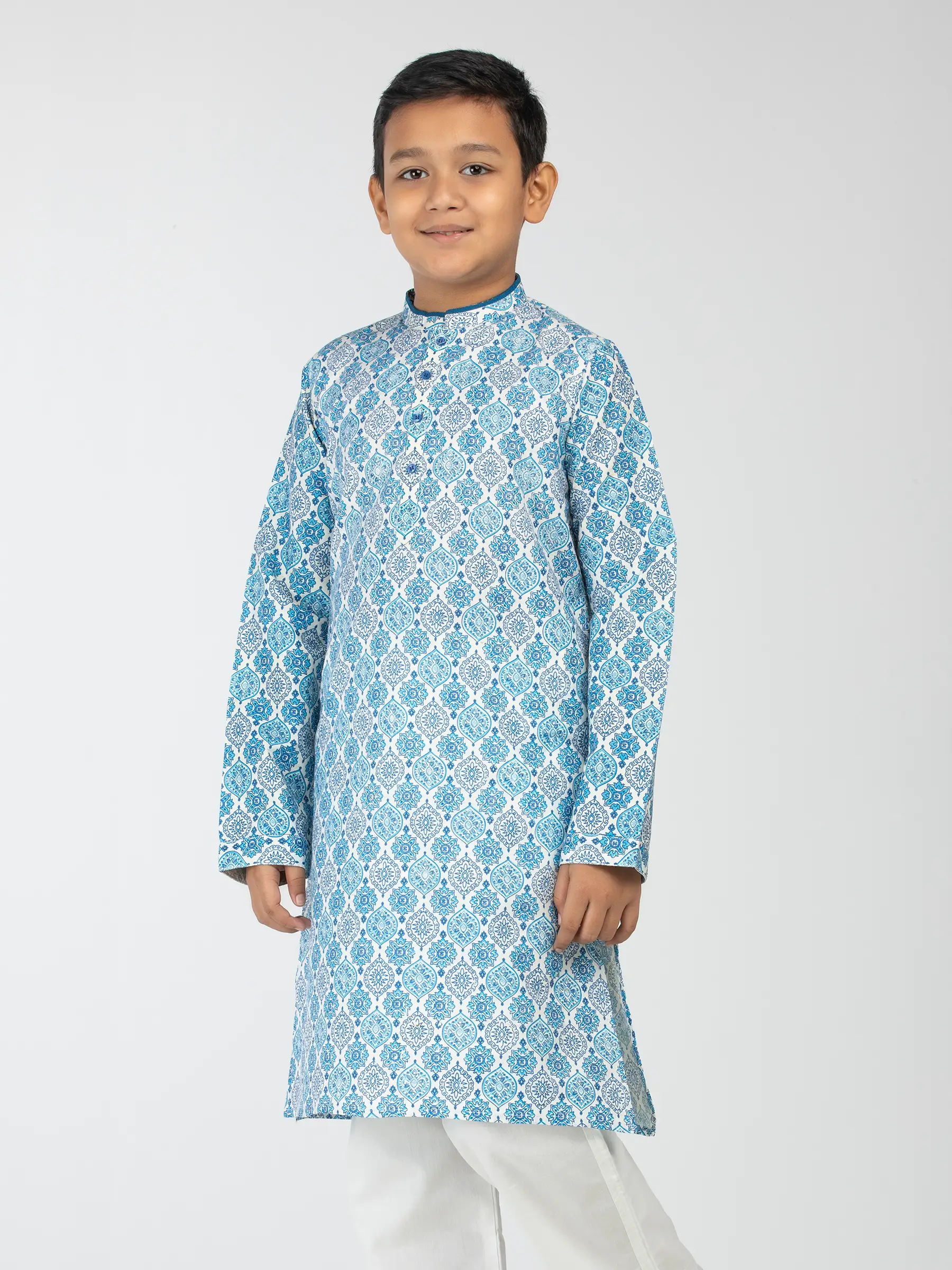 White Printed Endi Silk Panjabi