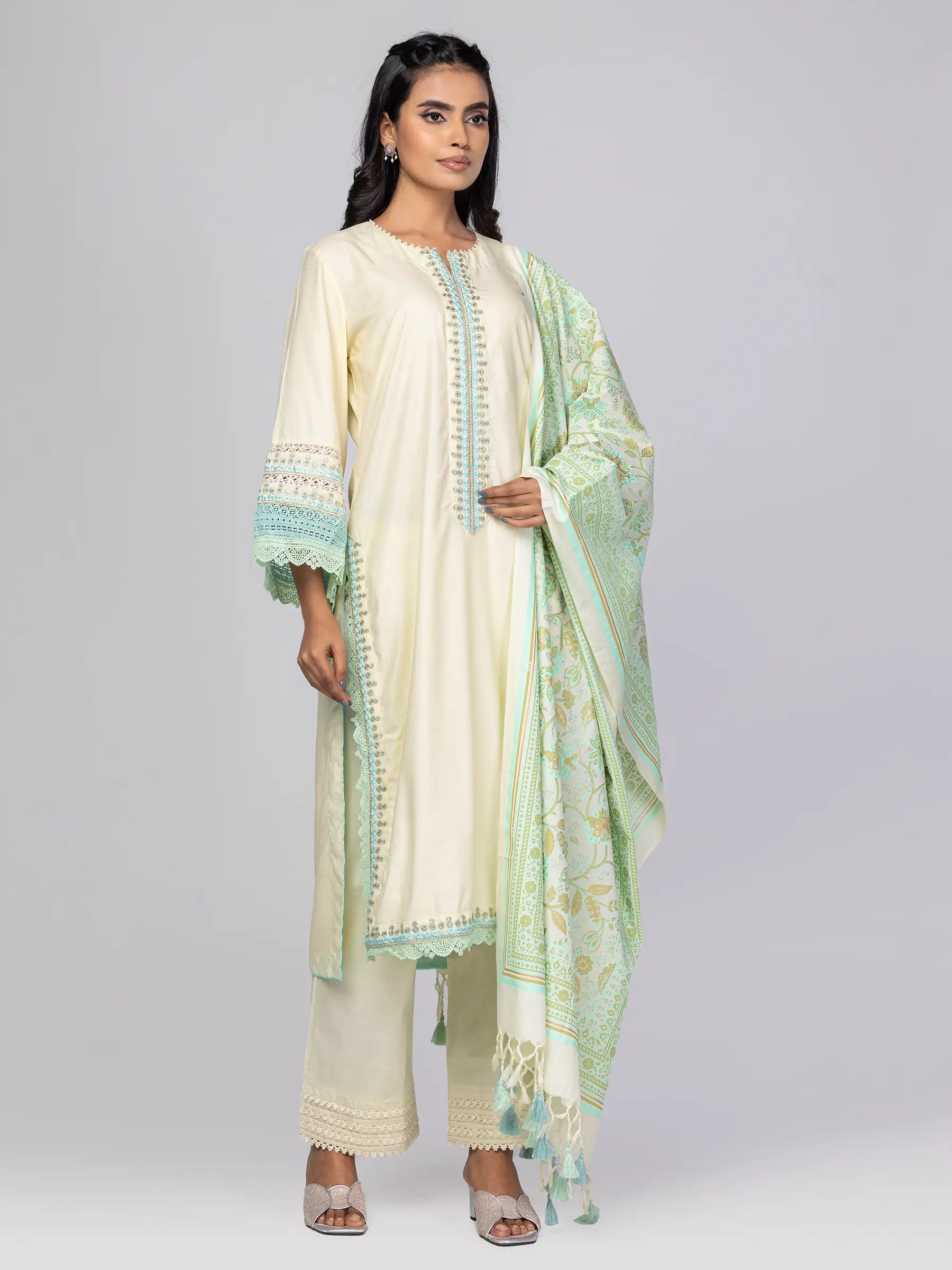 Ivory Printed and Embroidered Vortex Cotton Shalwar Kameez