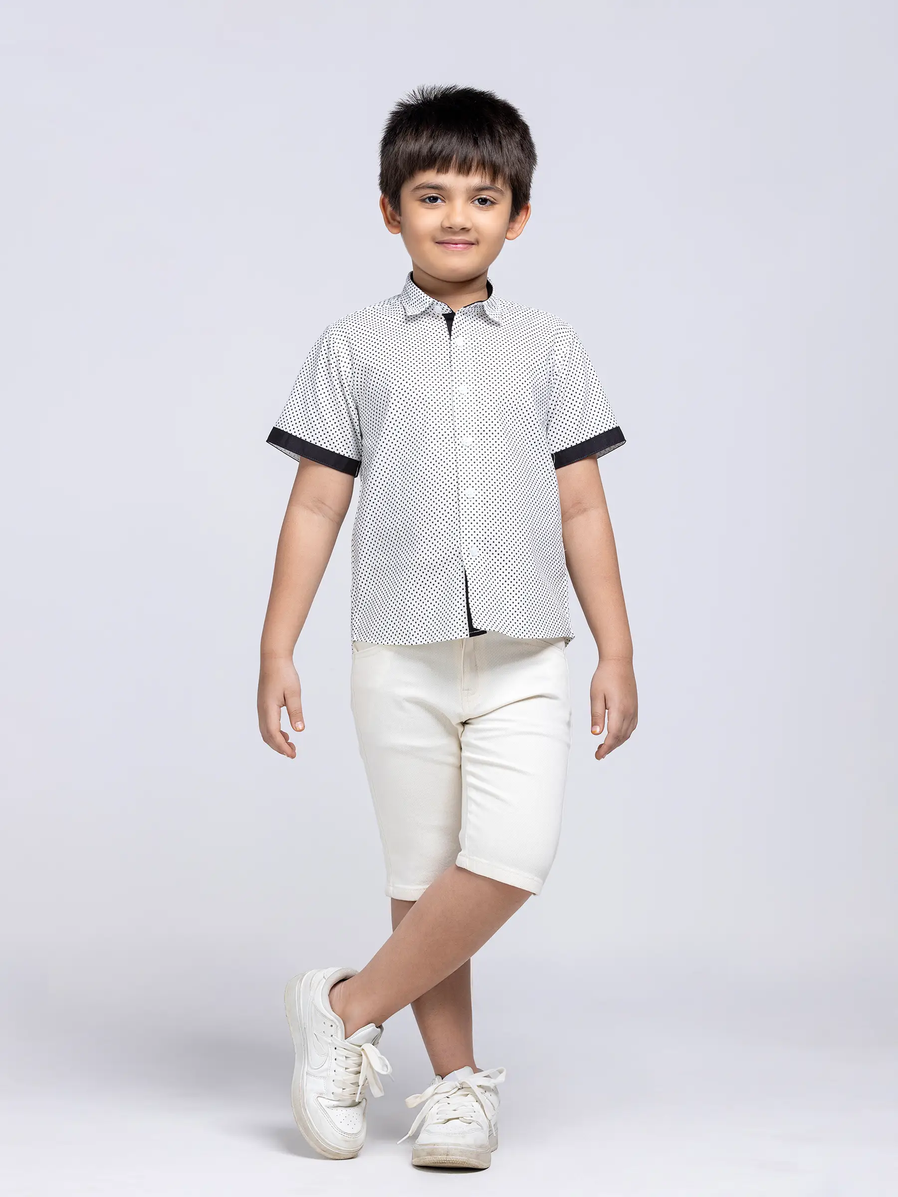 White/Black Printed Cotton Shirt Pant Set