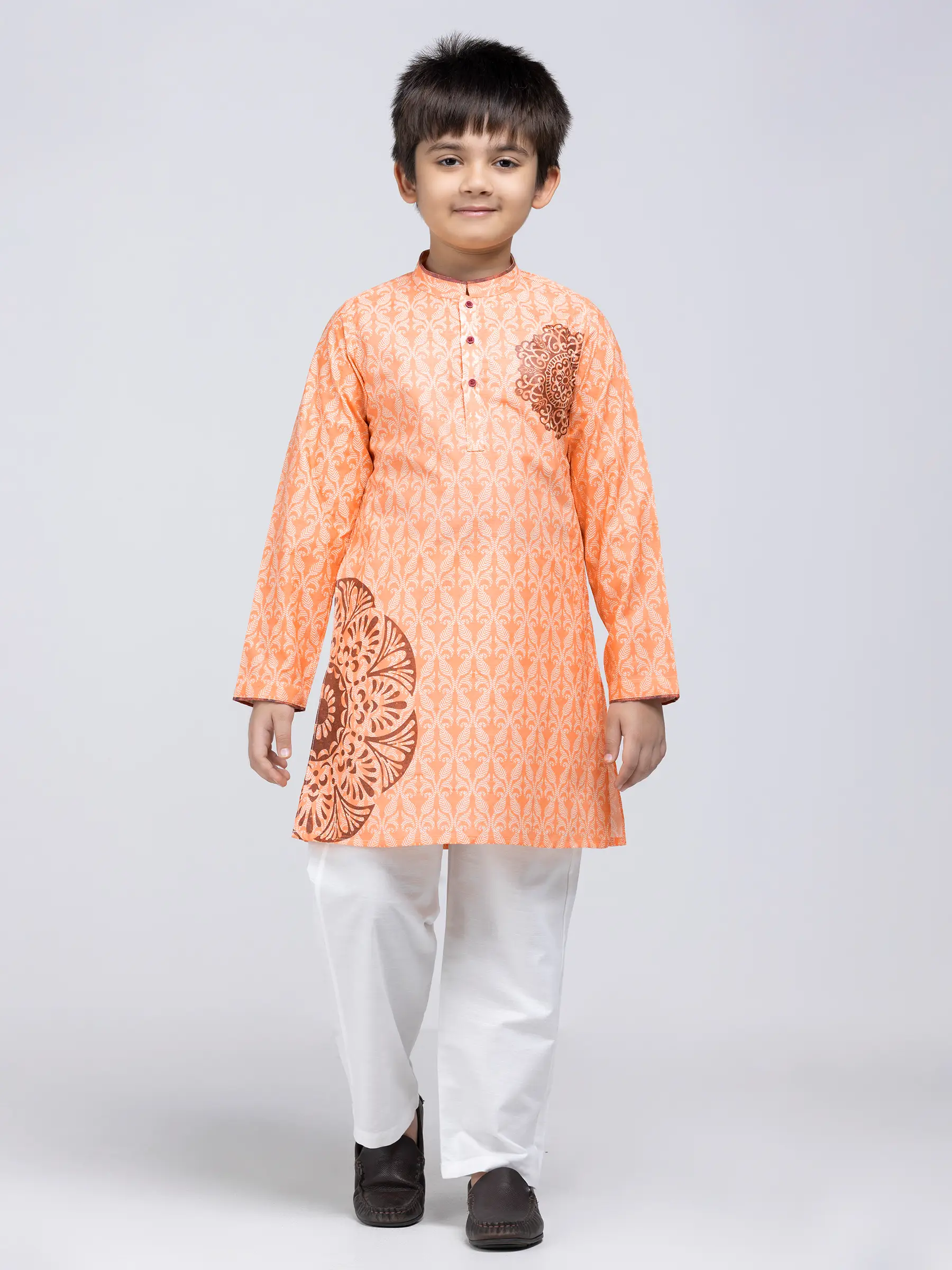 Orange Printed Viscose-Cotton Panjabi Pajama Set