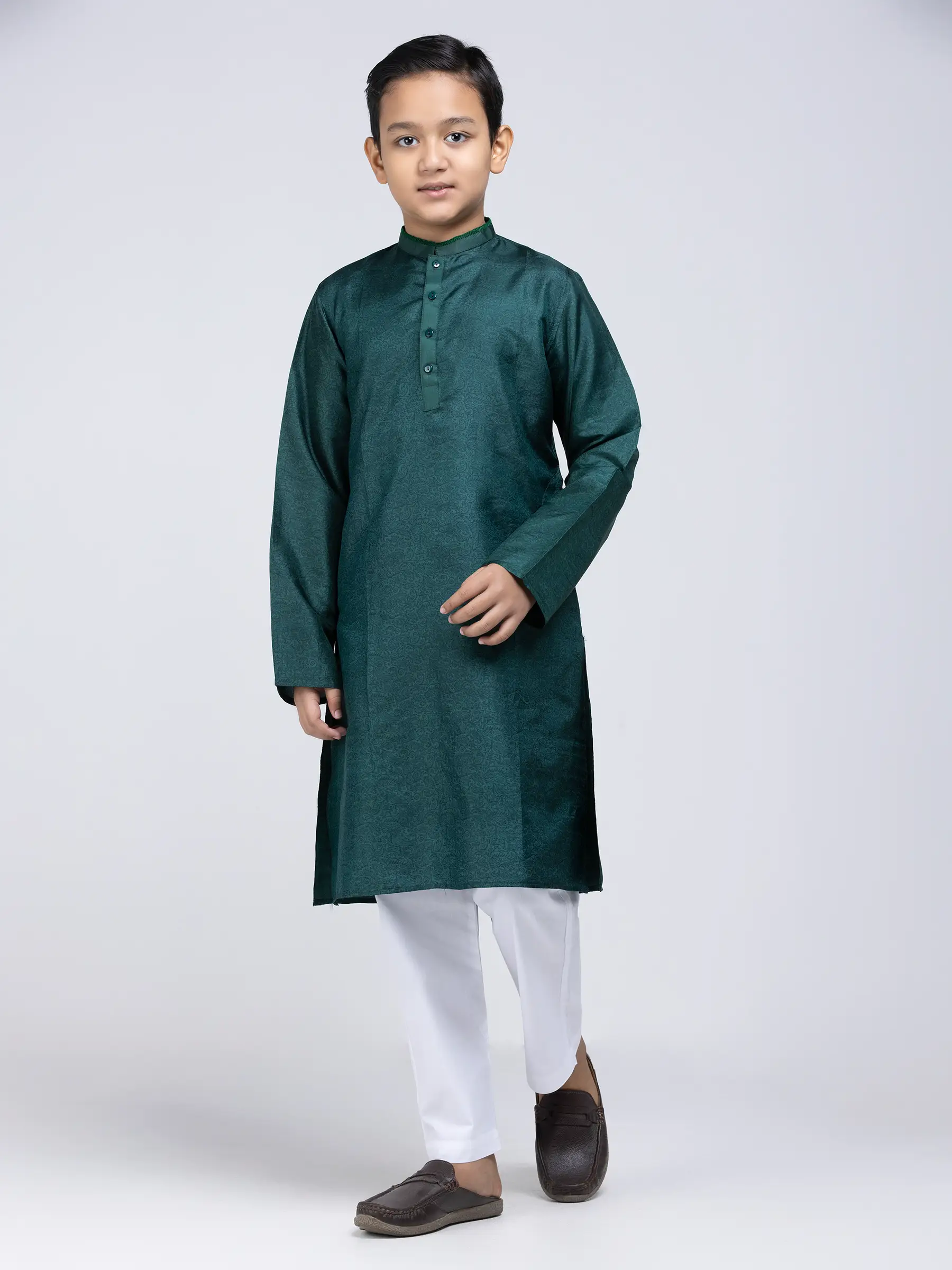 Teal Green Printed and Embroidered Silk Panjabi Pajama Set