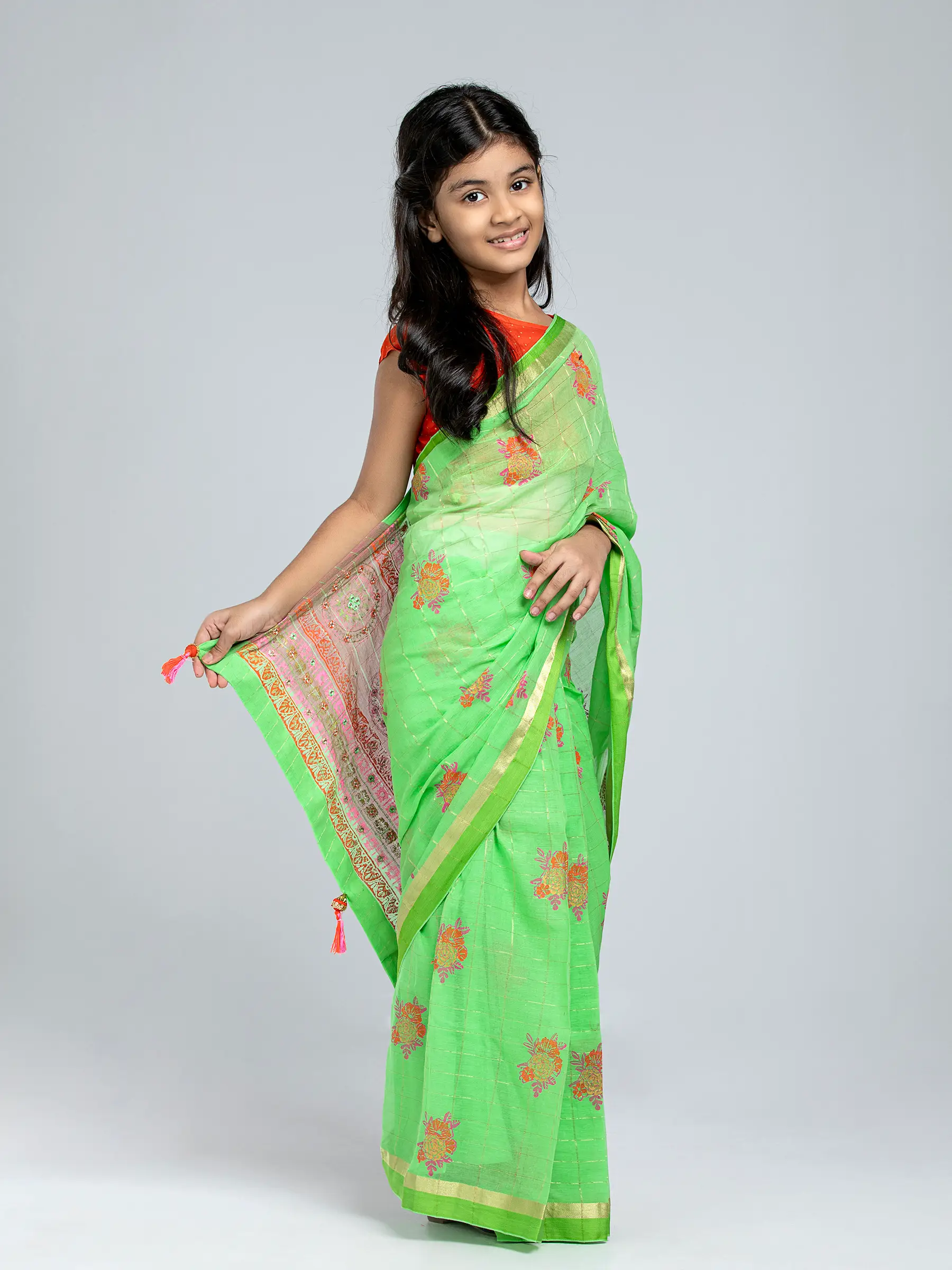 Light Green Printed and Embroidered Mixed Cotton Saree