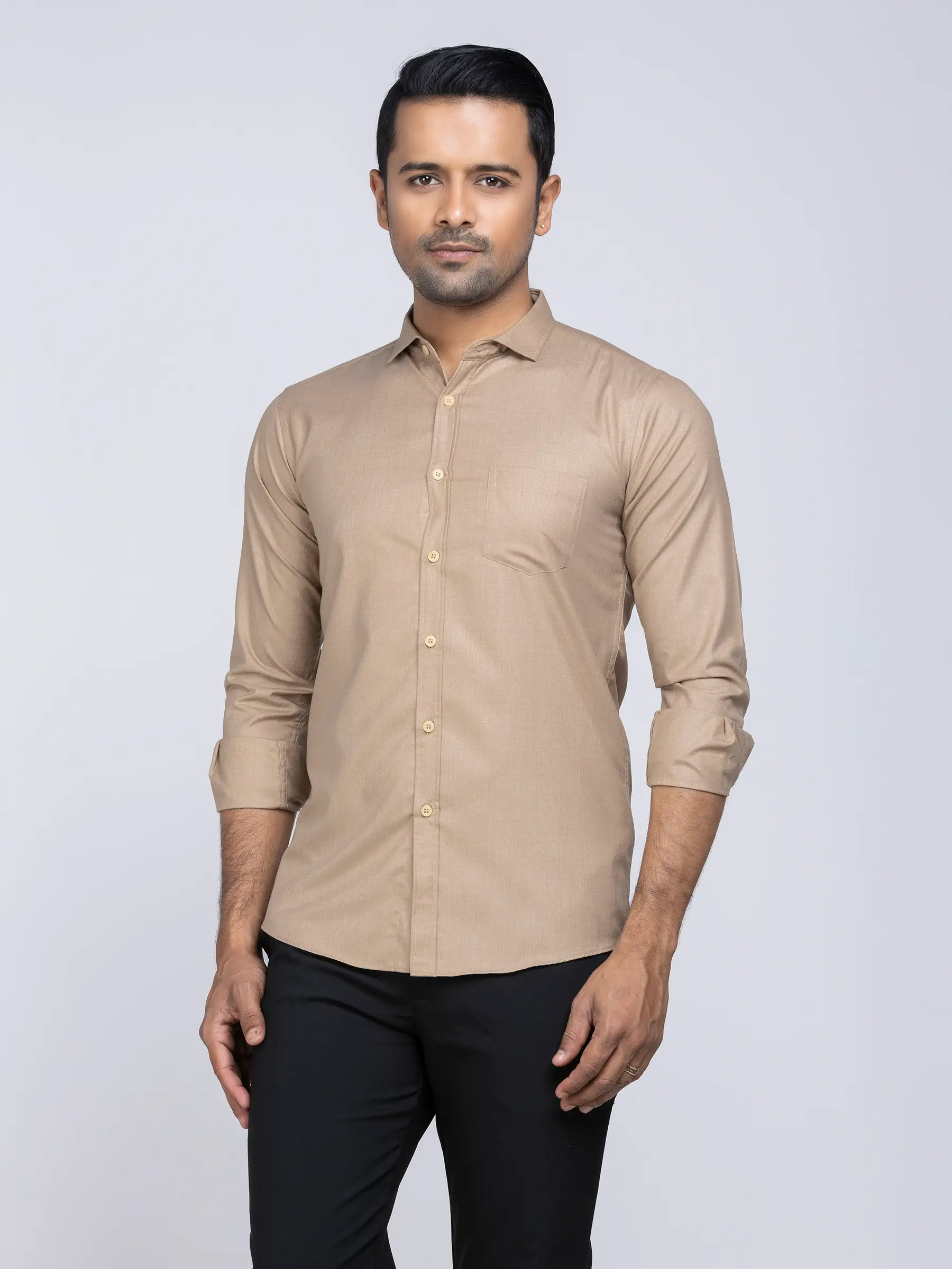 Khaki Cotton Fitted Shirt