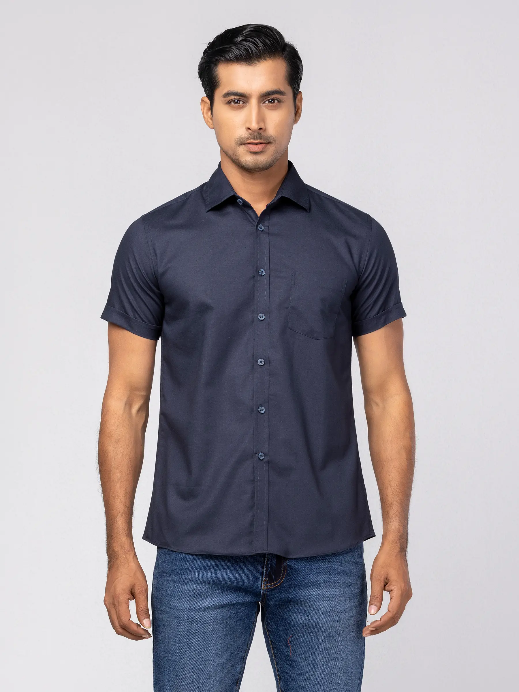 Navy Blue Cotton Fitted Shirt